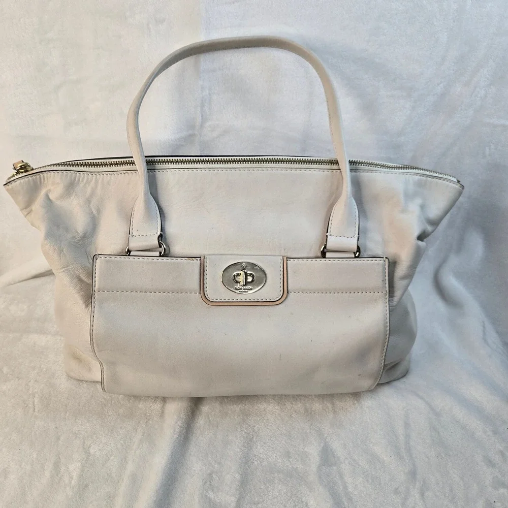 vintage Kate Spade NY White Leather Tote Bag Turn Lock Pocket Striped Lining